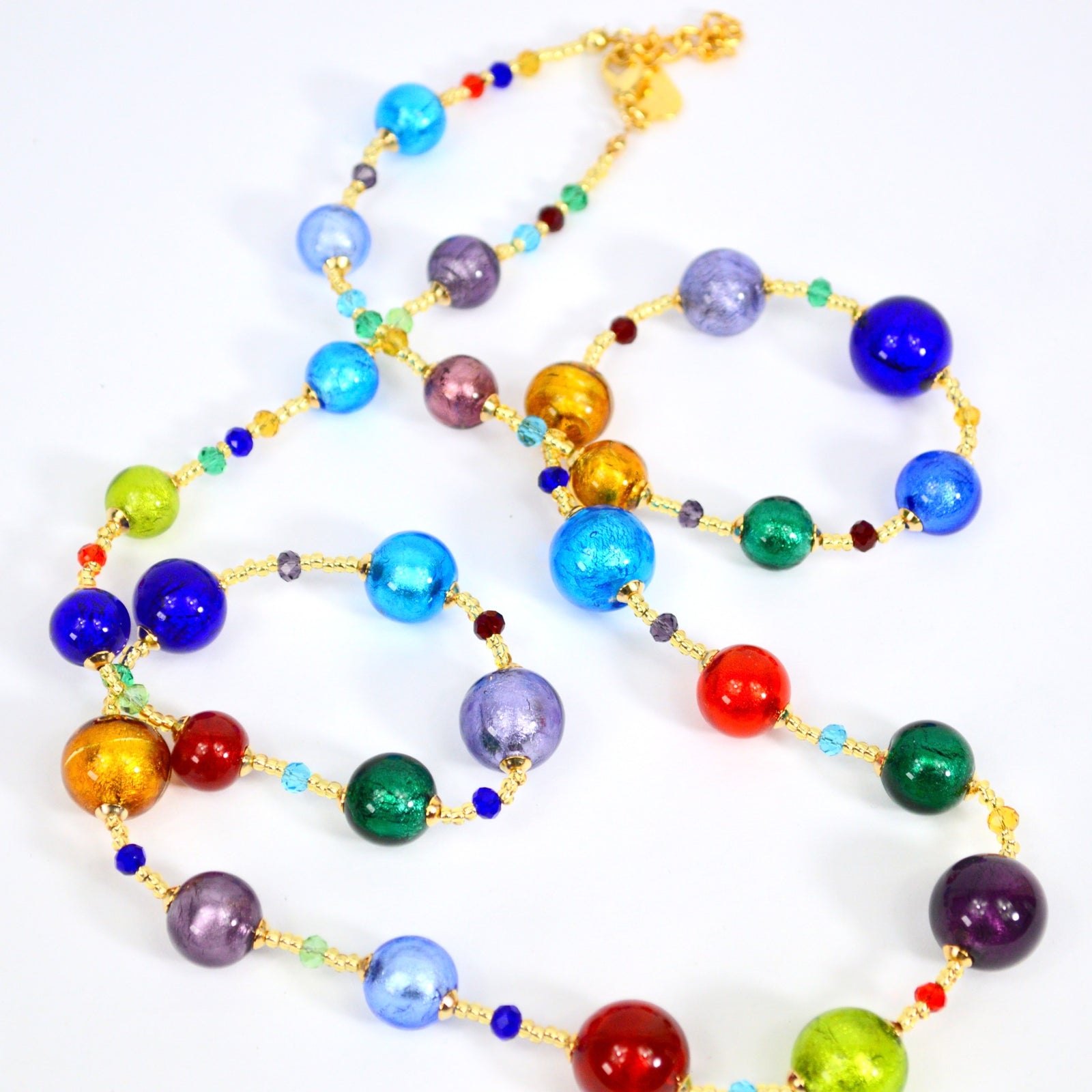 Multi-color Murano glass beaded necklace from Italy, 30 inches long, crafted with vibrant handmade glass beads.