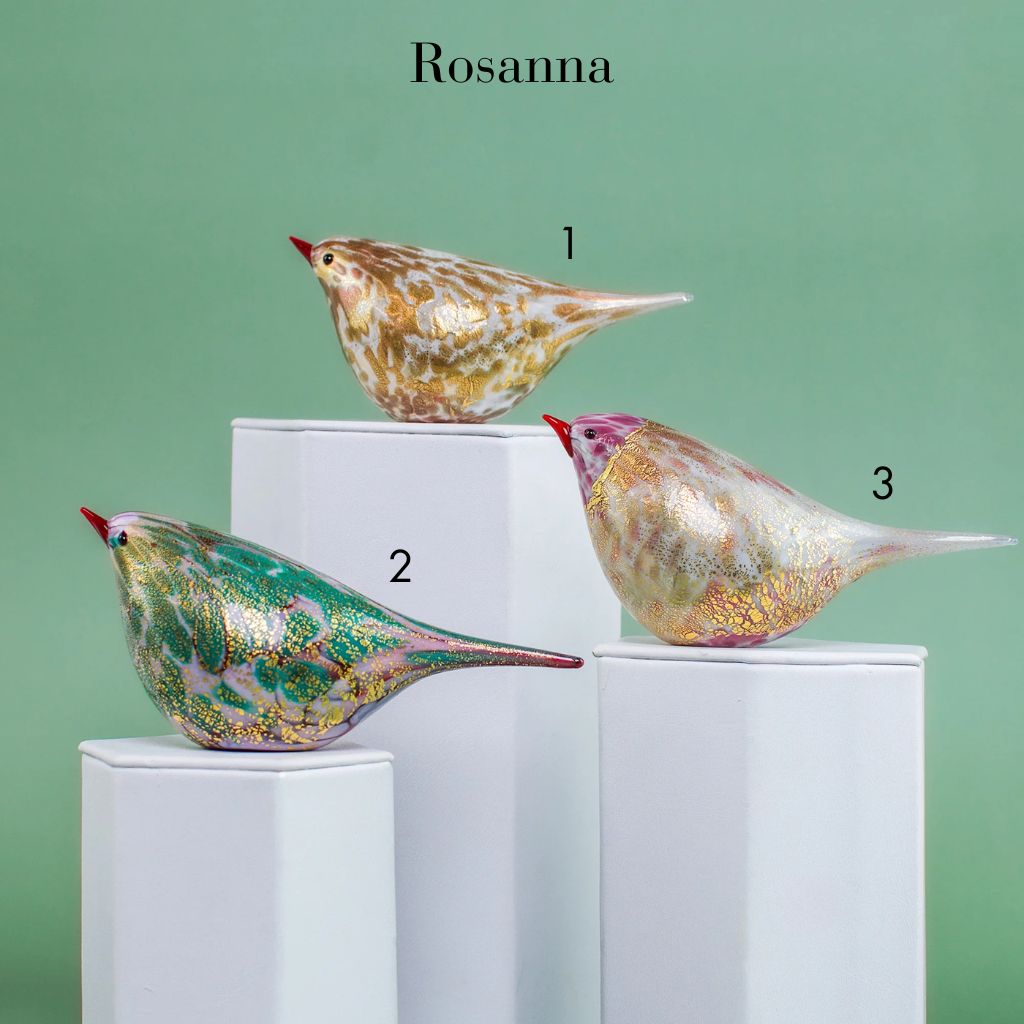 Pink Murano Glass Chirpie bird figurine by Rosanna featuring gold accents, displayed on a white background.