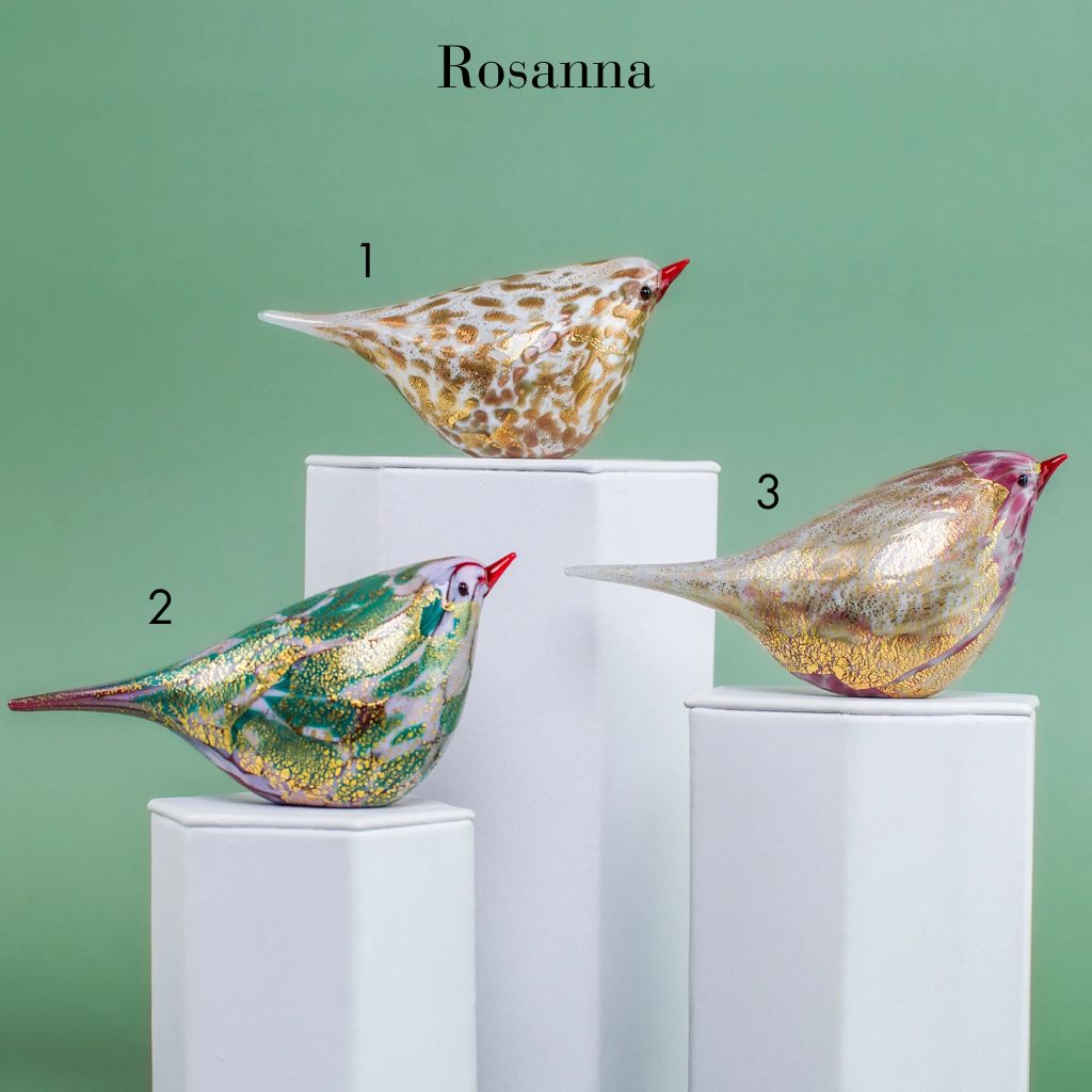 Pink Murano Glass Chirpie bird figurine by Rosanna, featuring gold accents, decorative Italian glass art.