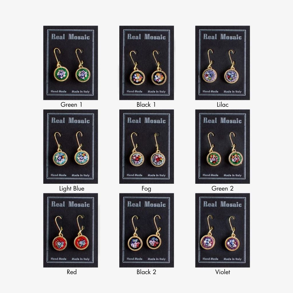 Florentine micro mosaic earrings in small circle design by My Italian Decor, showcasing intricate Italian craftsmanship.