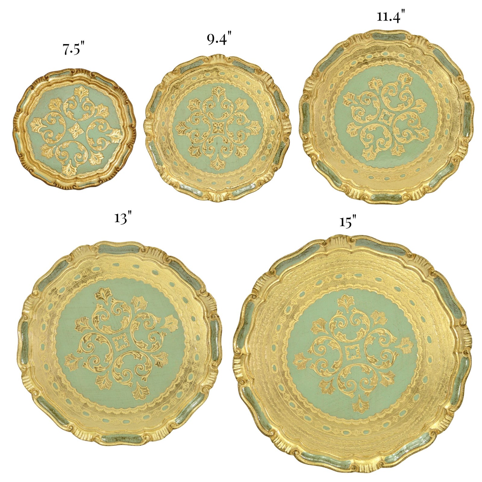 Decorative Florentine carved gilded wood circle tray in various colors, crafted in Italy by My Italian Decor.