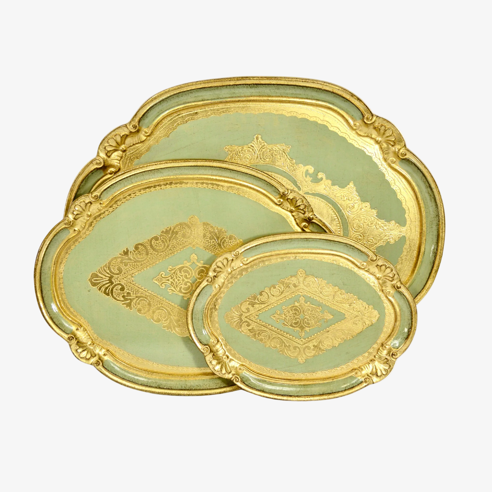 Decorative Florentine carved wood oval tray in sage green, available in multiple colors and sizes, by My Italian Decor.