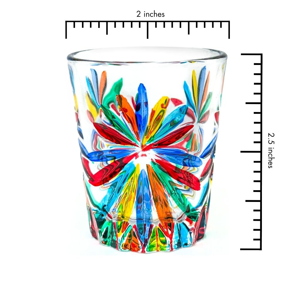 Set of six Italian crystal shot glasses with starburst design, made in Italy, by MyItalianDecor, displayed with a scale ruler.