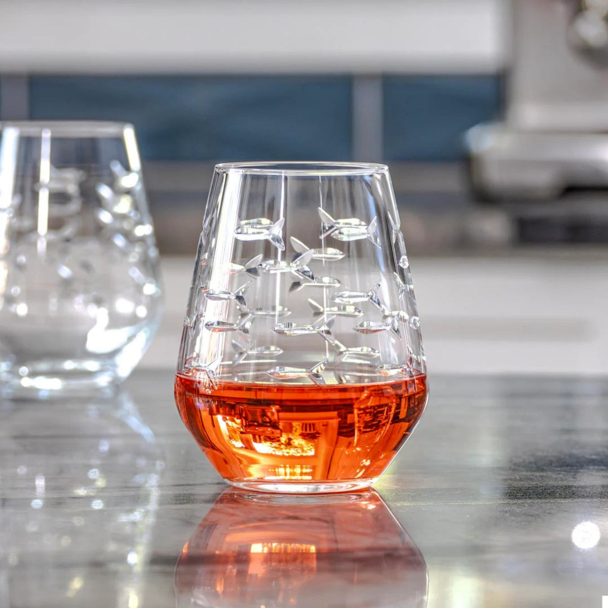 Set of 2 - School of Fish Stemless Wine Glasses - USA Made - My Italian Decor