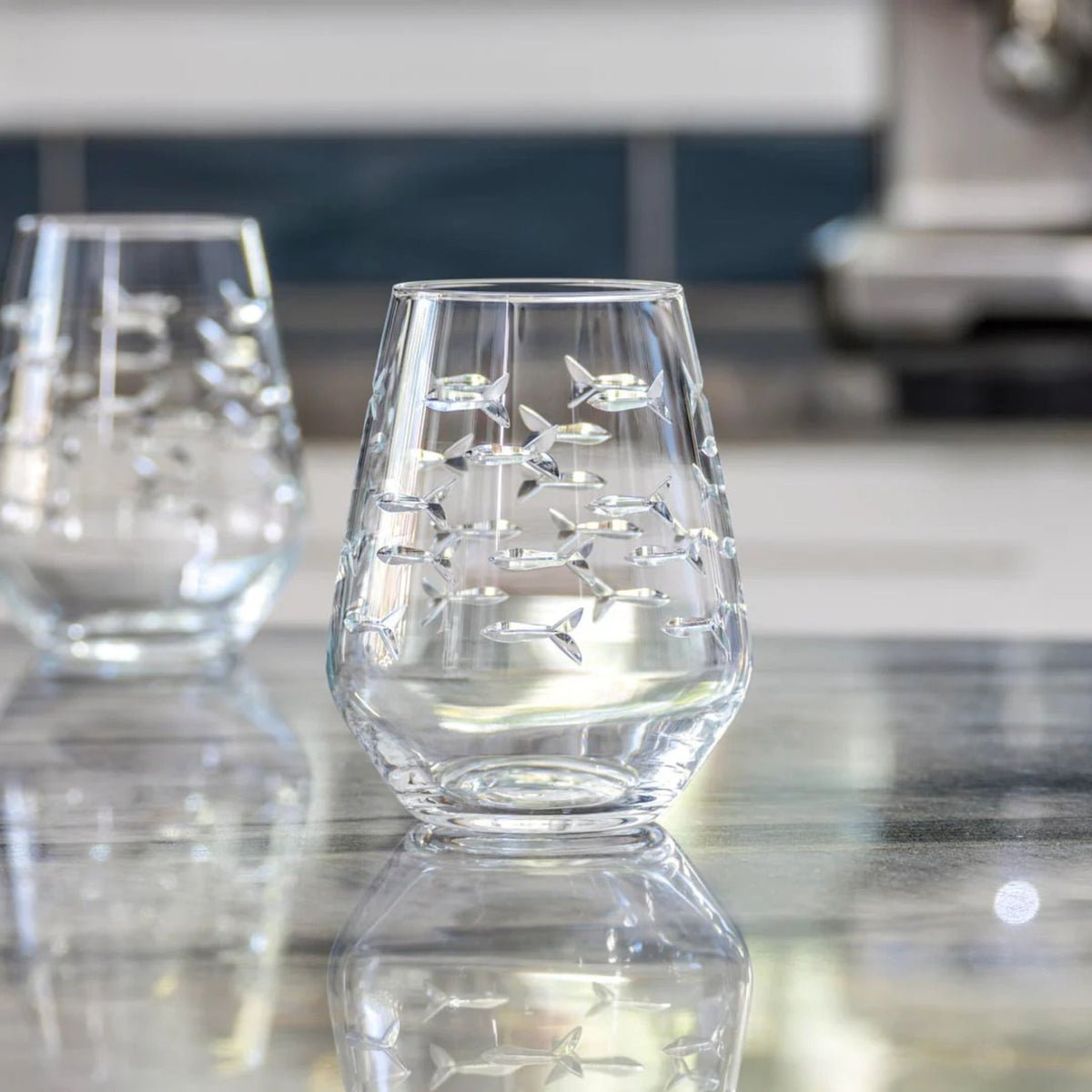 Set of 2 - School of Fish Stemless Wine Glasses - USA Made - My Italian Decor