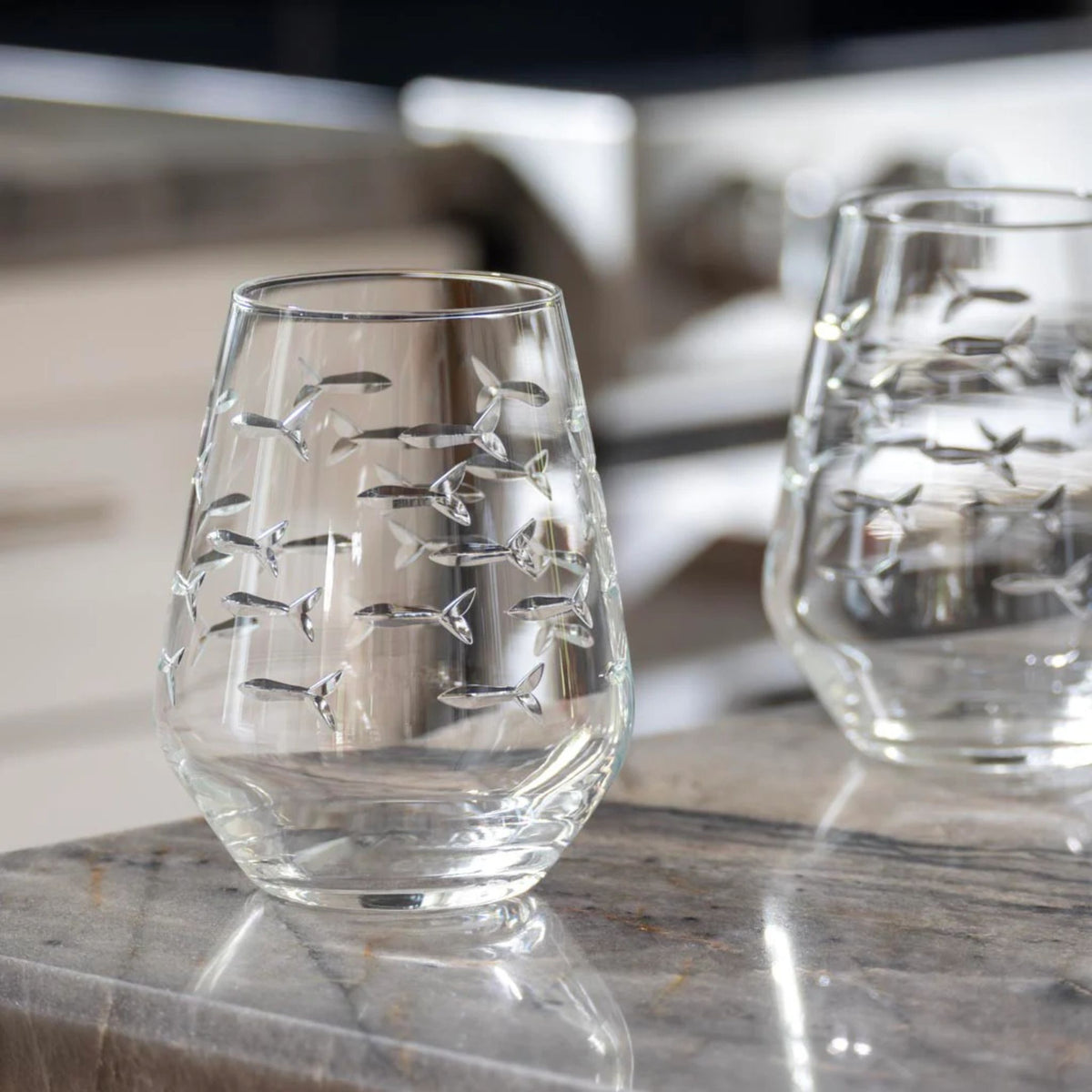 Set of 2 - School of Fish Stemless Wine Glasses - USA Made - My Italian Decor