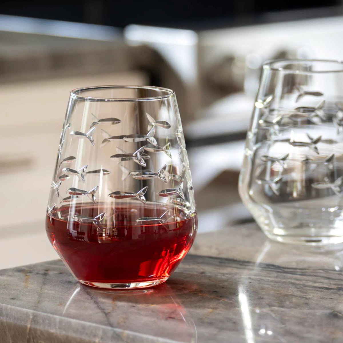 Set of 2 - School of Fish Stemless Wine Glasses - USA Made - My Italian Decor