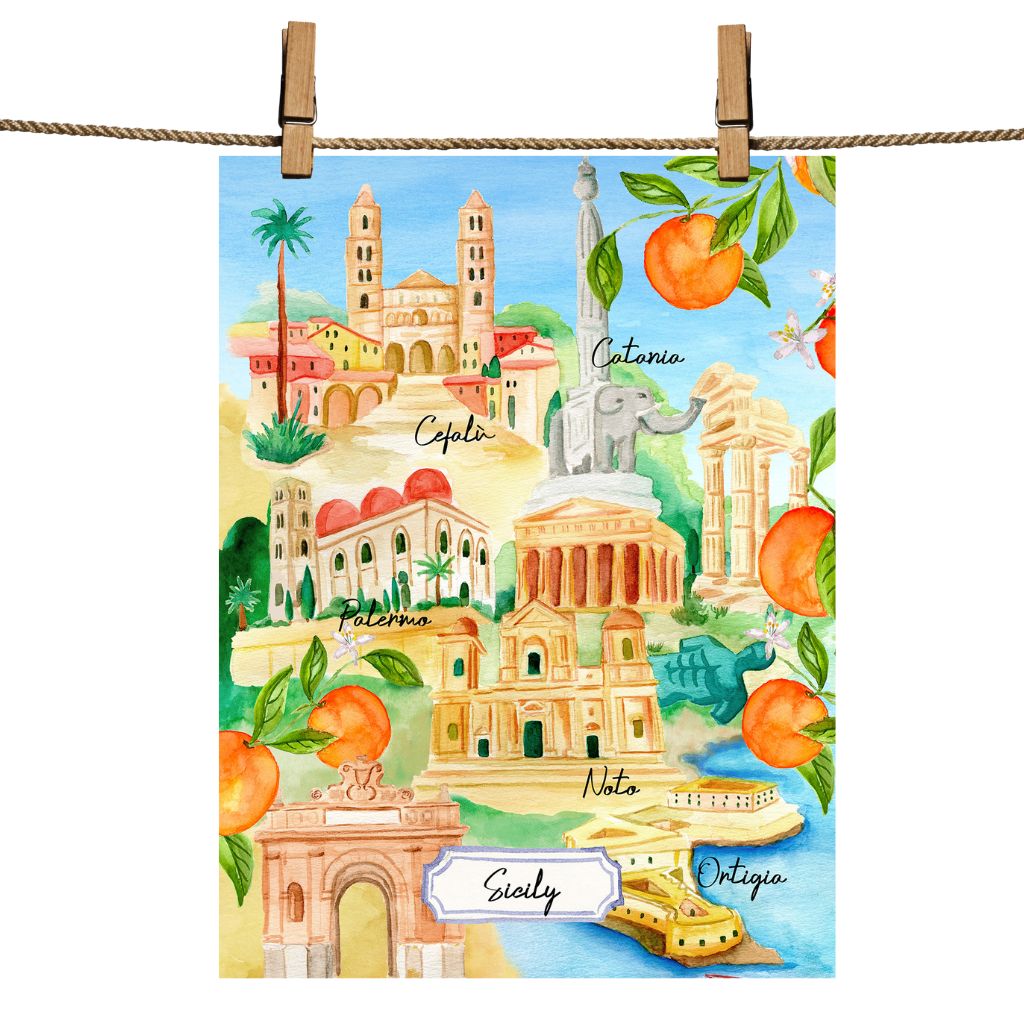 100% Linen Kitchen Towel, Made in Italy, Watercolor Sicily Art - My Italian Decor