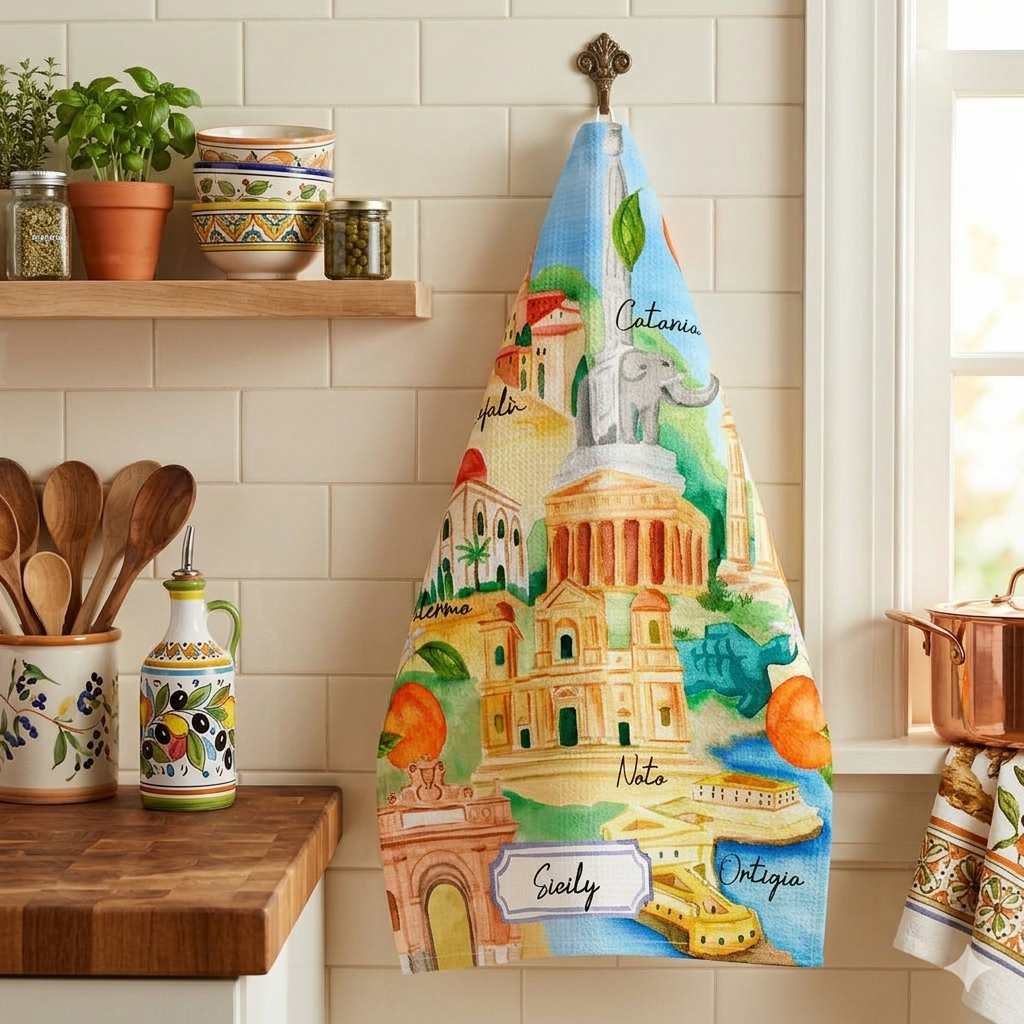 Bell'Italia linen kitchen towel hanging, made in Italy, featuring traditional Sicily-inspired design, from My Italian Decor.
