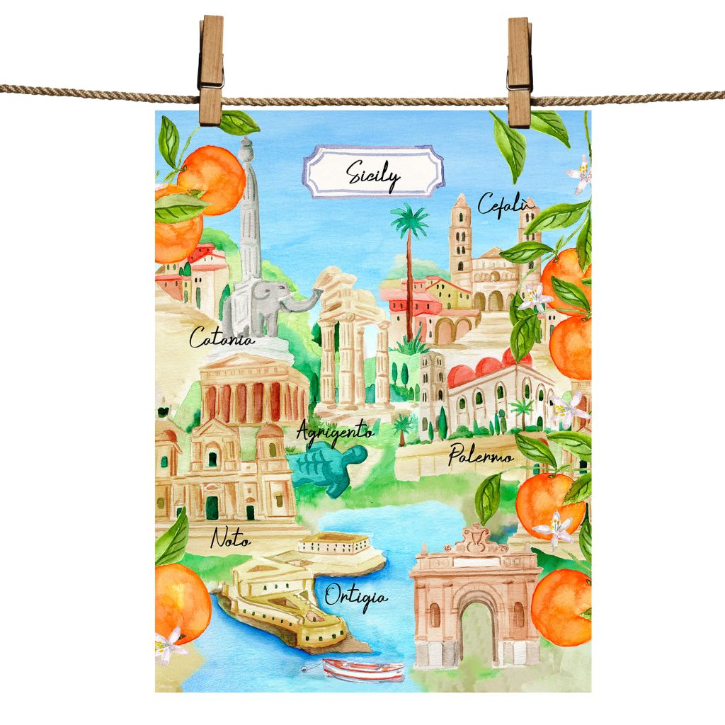100% Linen Kitchen Towel, Made in Italy, Watercolor Sicily Art - My Italian Decor