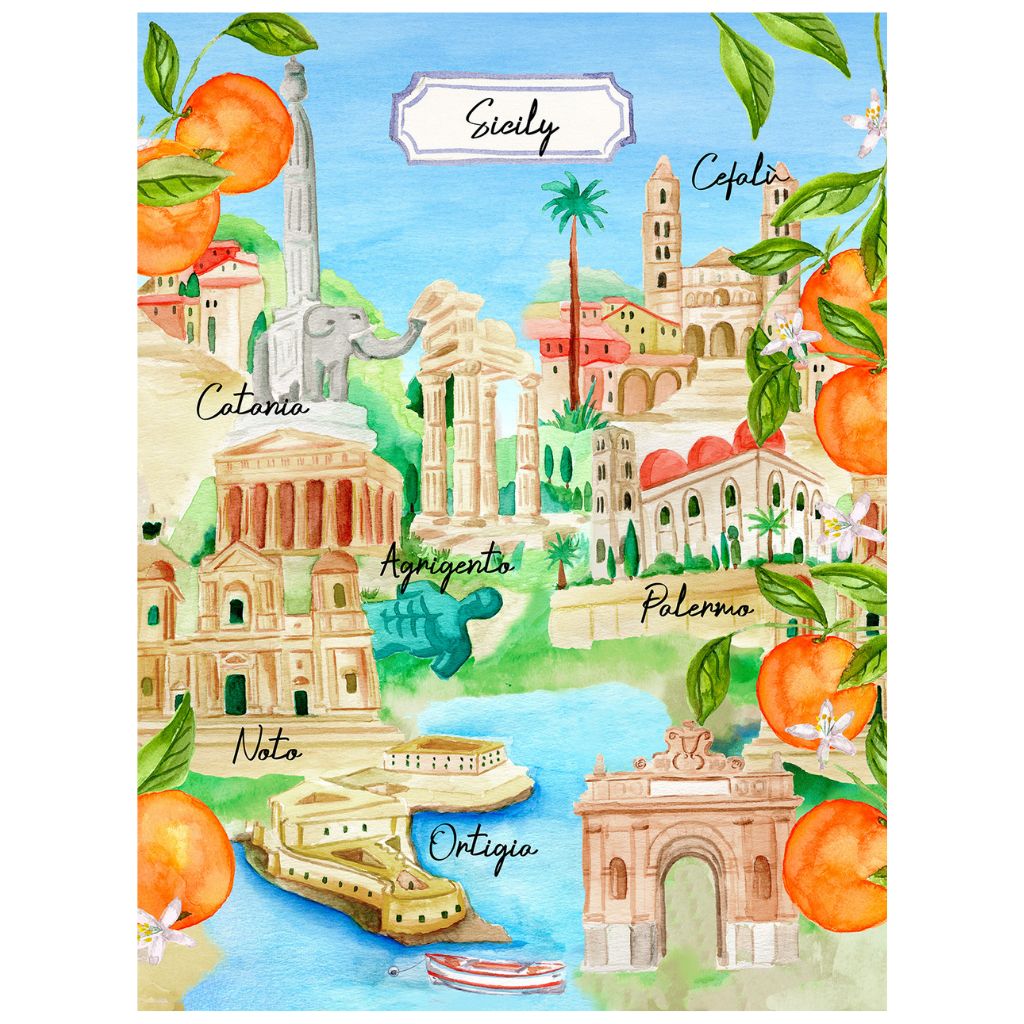 Bell'Italia linen kitchen towel featuring Sicily design, made in Italy, perfect for elegant table linens and kitchen decor.