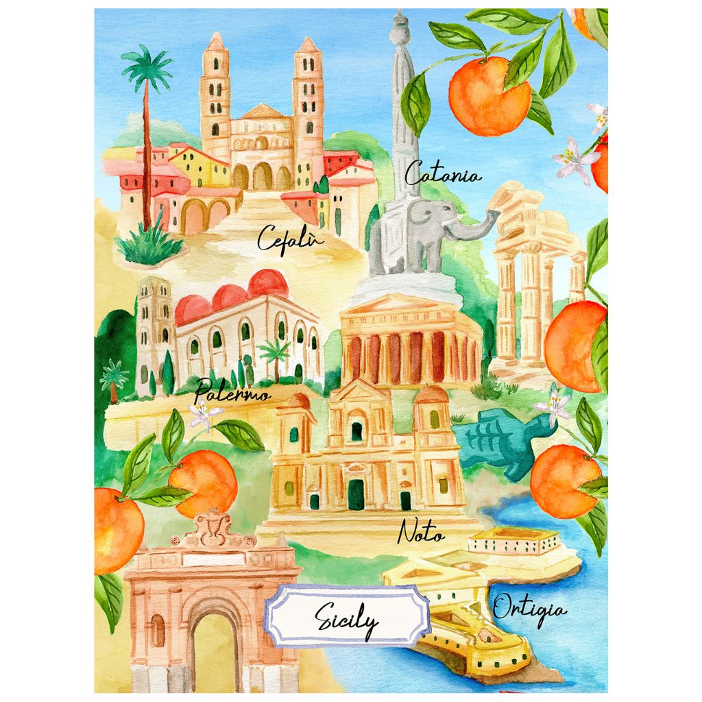 Bell'Italia linen kitchen towel with Sicily design, made in Italy, featuring traditional table linen style by My Italian Decor.