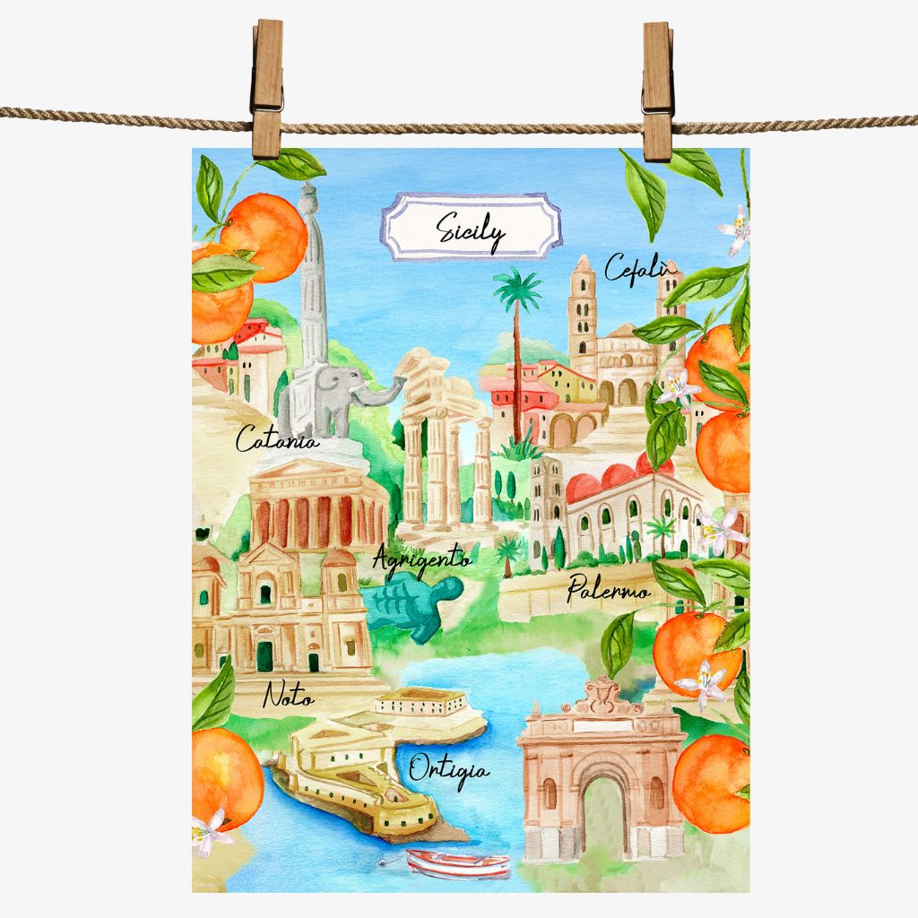 100% linen kitchen towel with watercolor Sicily art, made in Italy by My Italian Decor, featuring vibrant Mediterranean design.