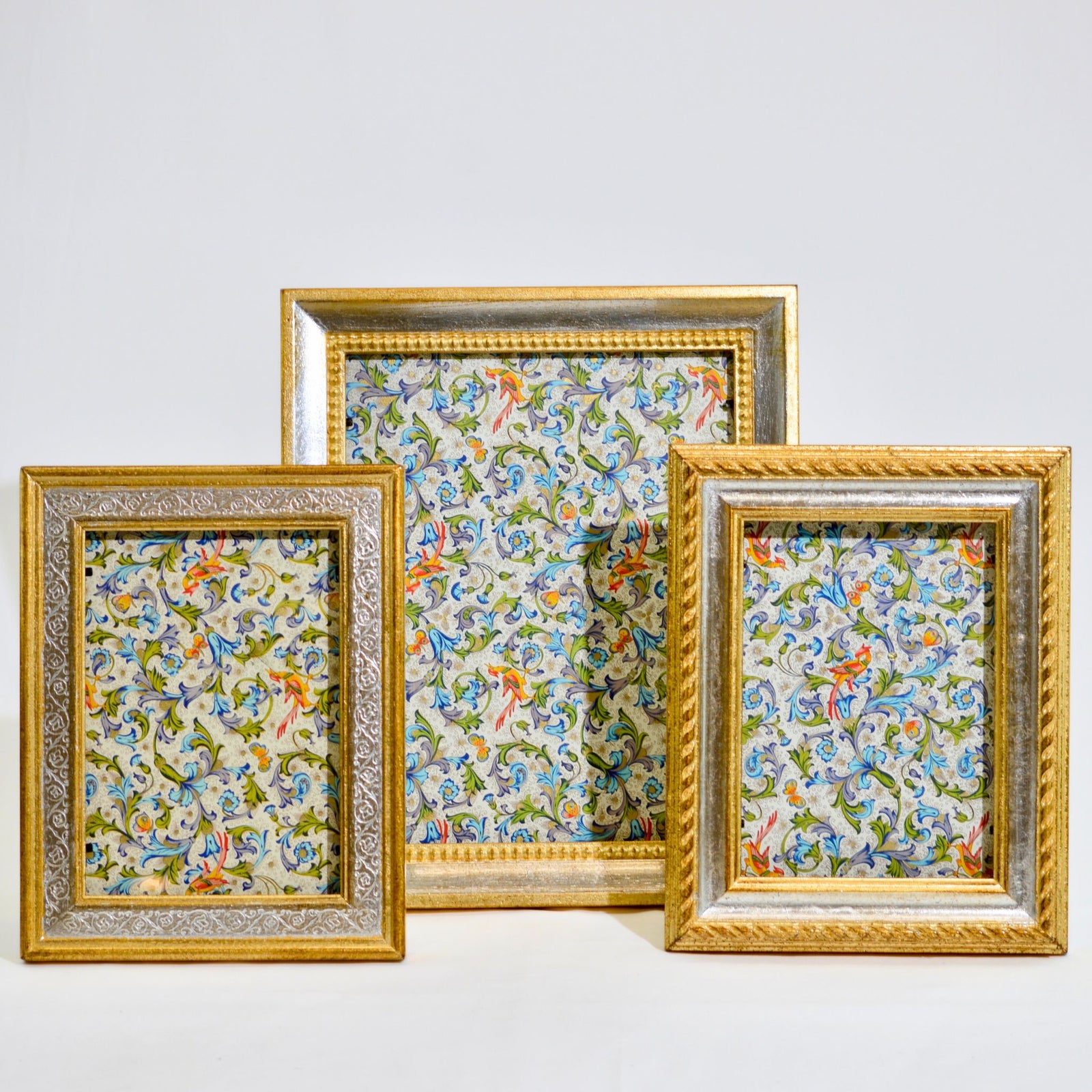 Italian Florentine carved gold picture frame with embossed floral design, suitable for 4x6, 5x7, and 8x10 photos.