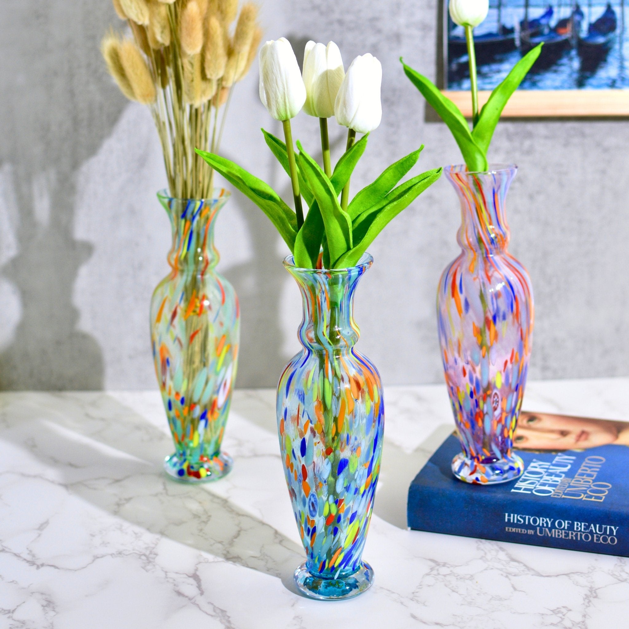 Colorful Tulip Slim Millefiori Murano glass vase by My Italian Decor, showcasing vibrant patterns and a sleek, elegant design.