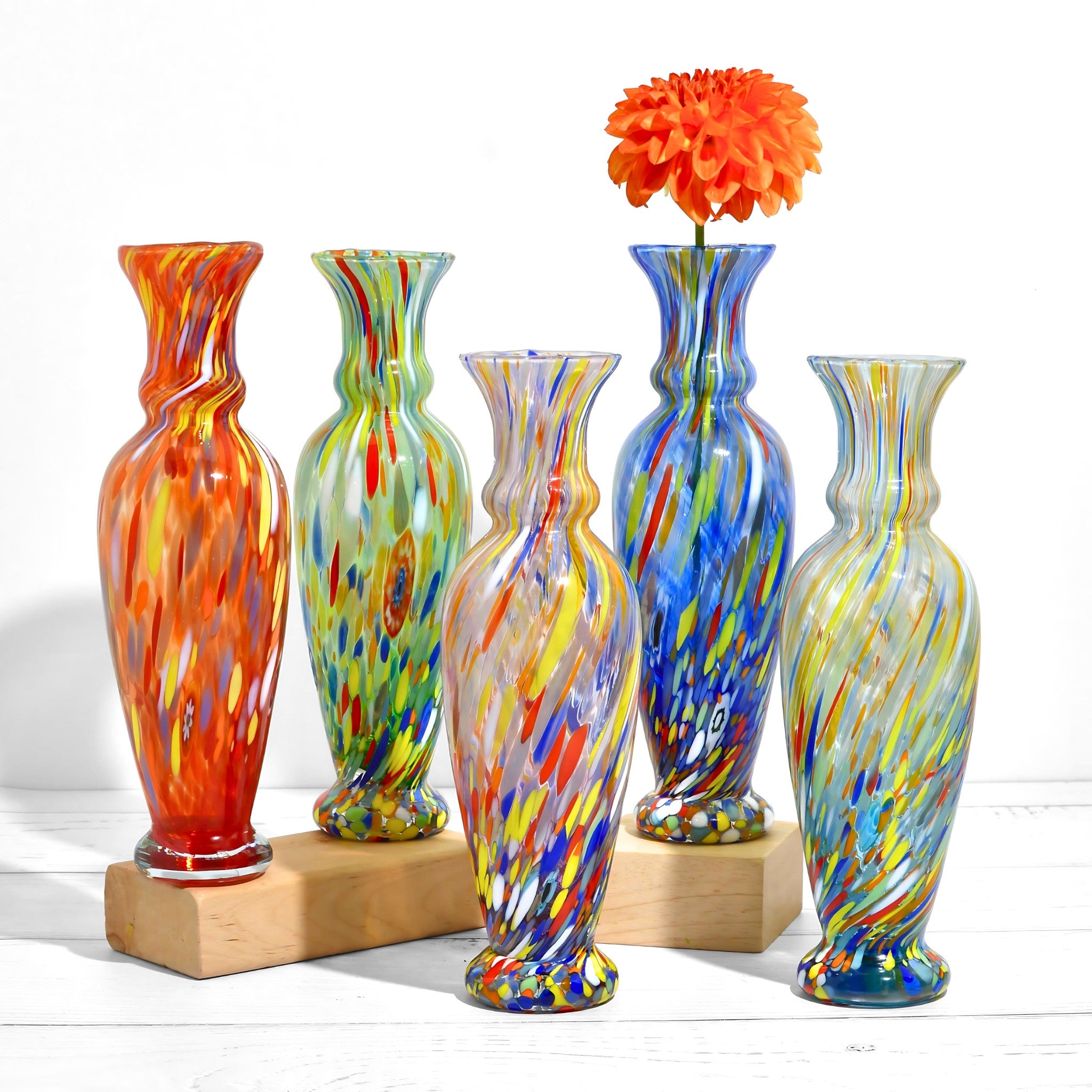 Colorful Tulip Slim Millefiori Murano glass vase by My Italian Decor, featuring a slender tulip shape with vibrant millefiori patterns.