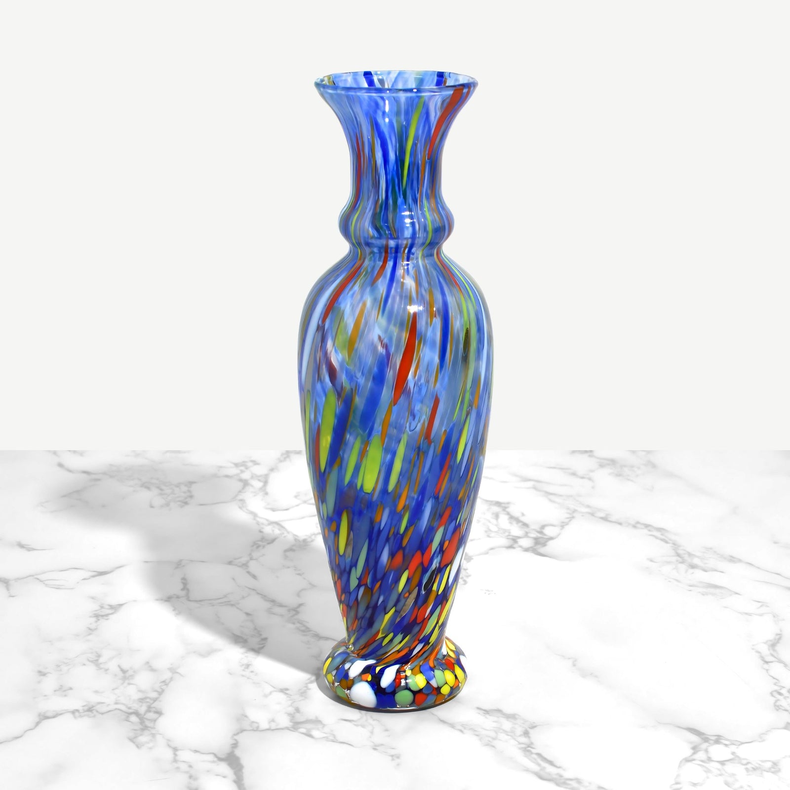 Colorful Tulip Slim Millefiori Murano glass vase by My Italian Decor, featuring a slender tulip shape with vibrant millefiori patterns.