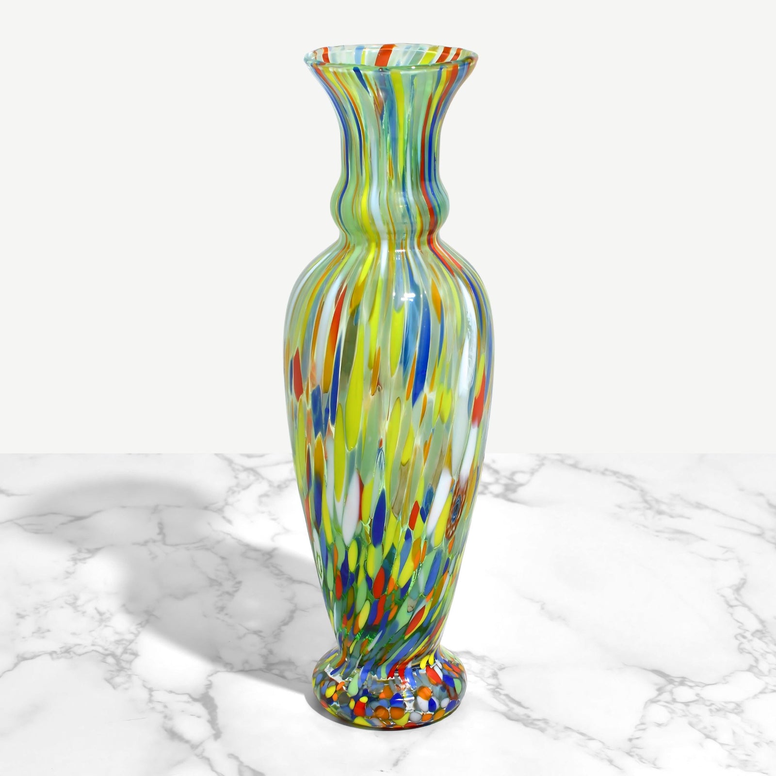 Colorful Tulip Slim Millefiori Murano glass vase by My Italian Decor, featuring a slender tulip shape with vibrant millefiori patterns.
