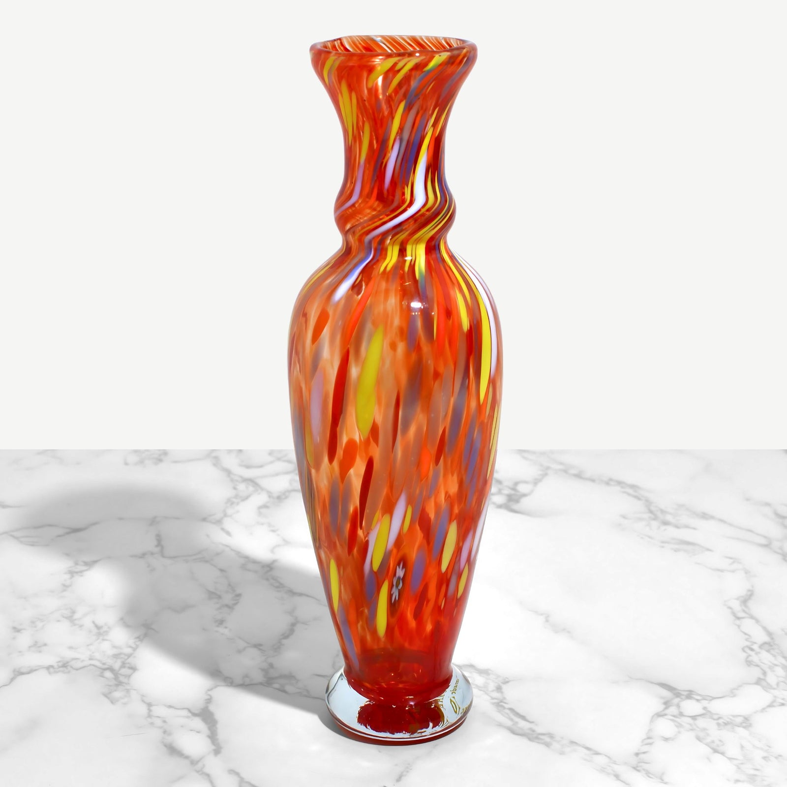 Colorful Tulip Slim Millefiori Murano glass vase by My Italian Decor, featuring a slender tulip shape with vibrant millefiori patterns.