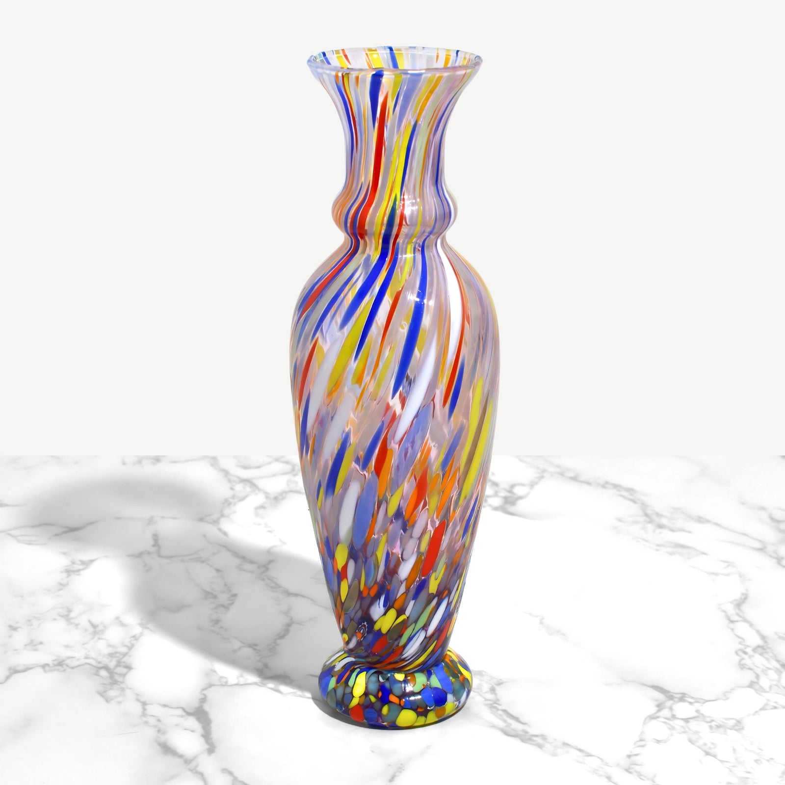 Colorful Tulip Slim Millefiori Murano glass vase by My Italian Decor, featuring a slender tulip shape with vibrant millefiori patterns.