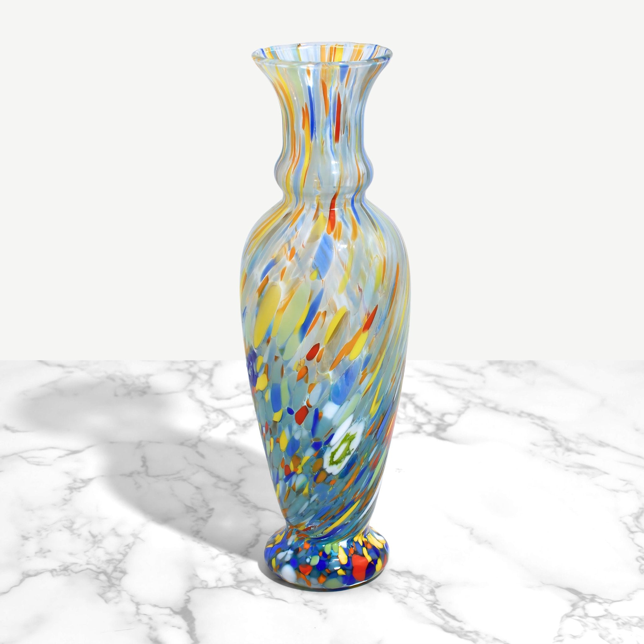 Sky blue Tulip Slim Millefiori Murano glass vase with a marble pattern, showcasing intricate colorful glasswork by My Italian Decor.