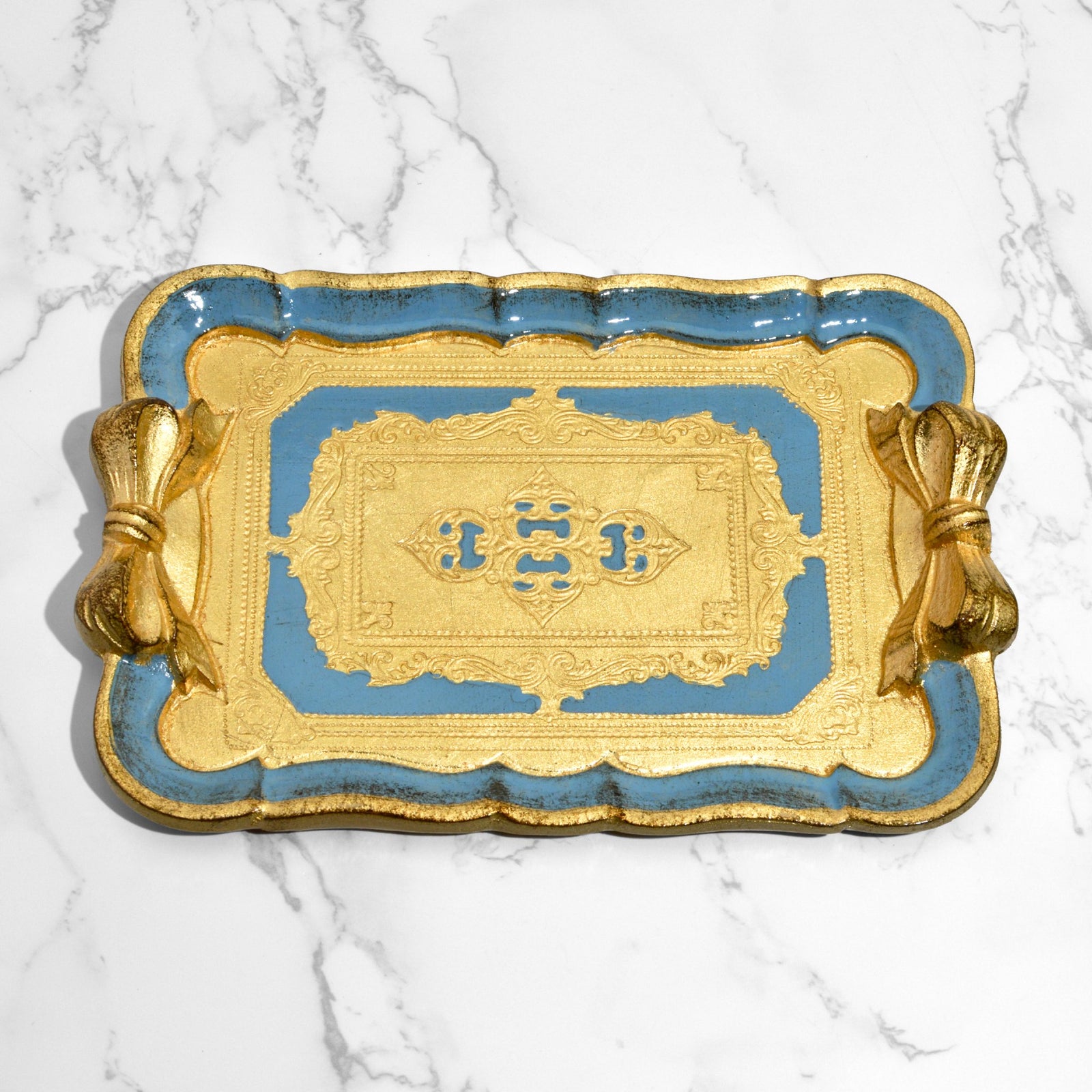 Decorative Florentine carved gilded wood tray with bow, made in Italy, featuring intricate detailing and vibrant colors.