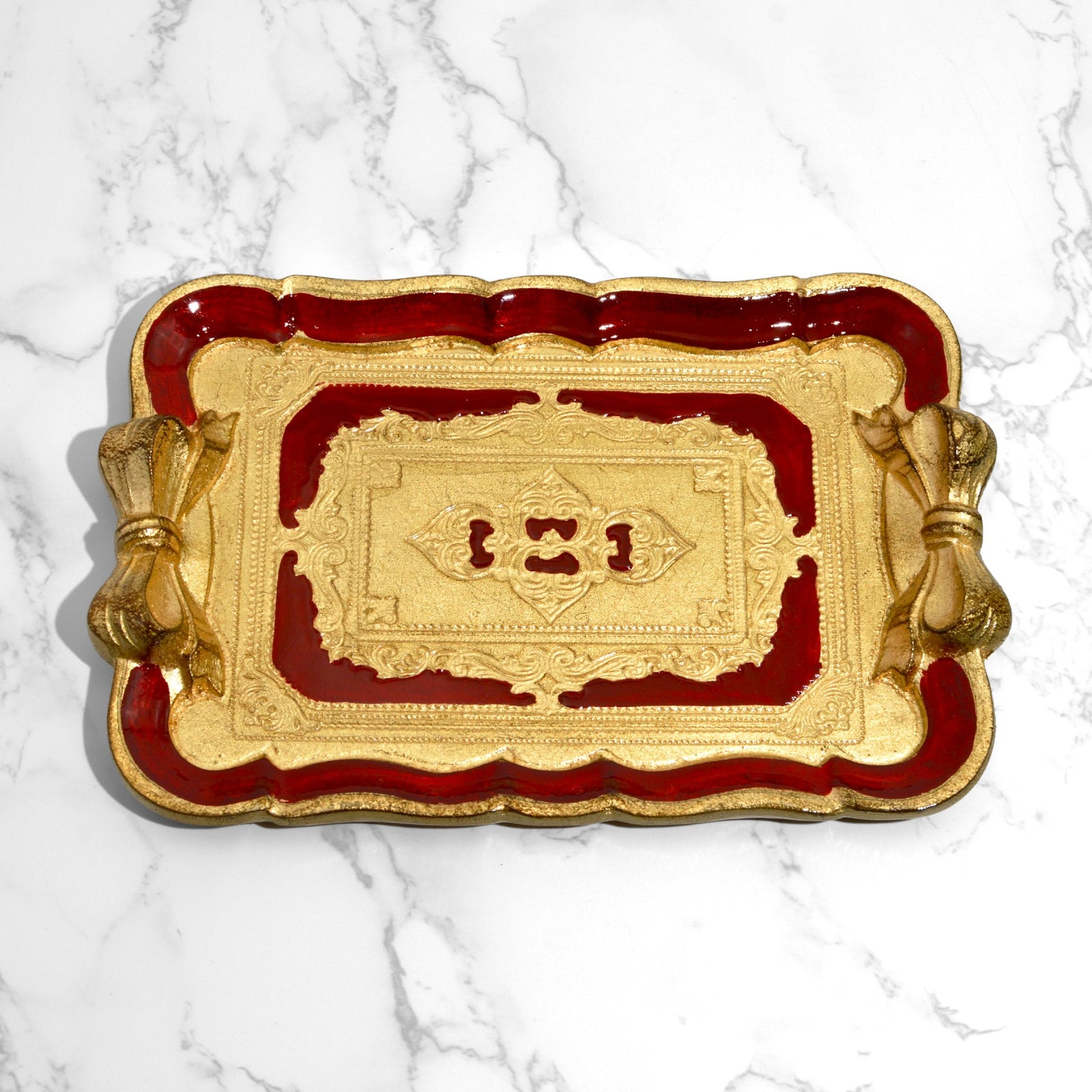 Decorative Florentine carved gilded wood tray with bow, made in Italy, featuring intricate detailing and vibrant colors.