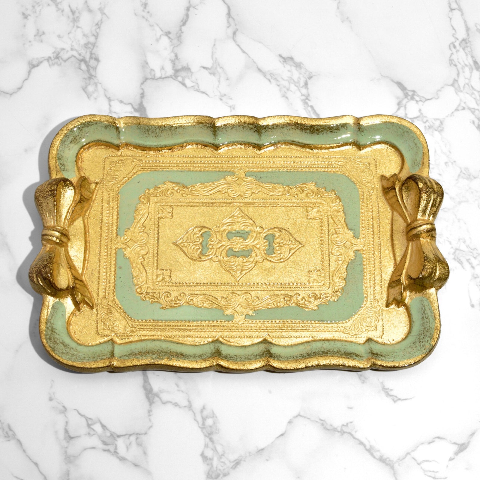 Decorative Florentine carved gilded wood tray with bow, made in Italy, featuring intricate detailing and vibrant colors.