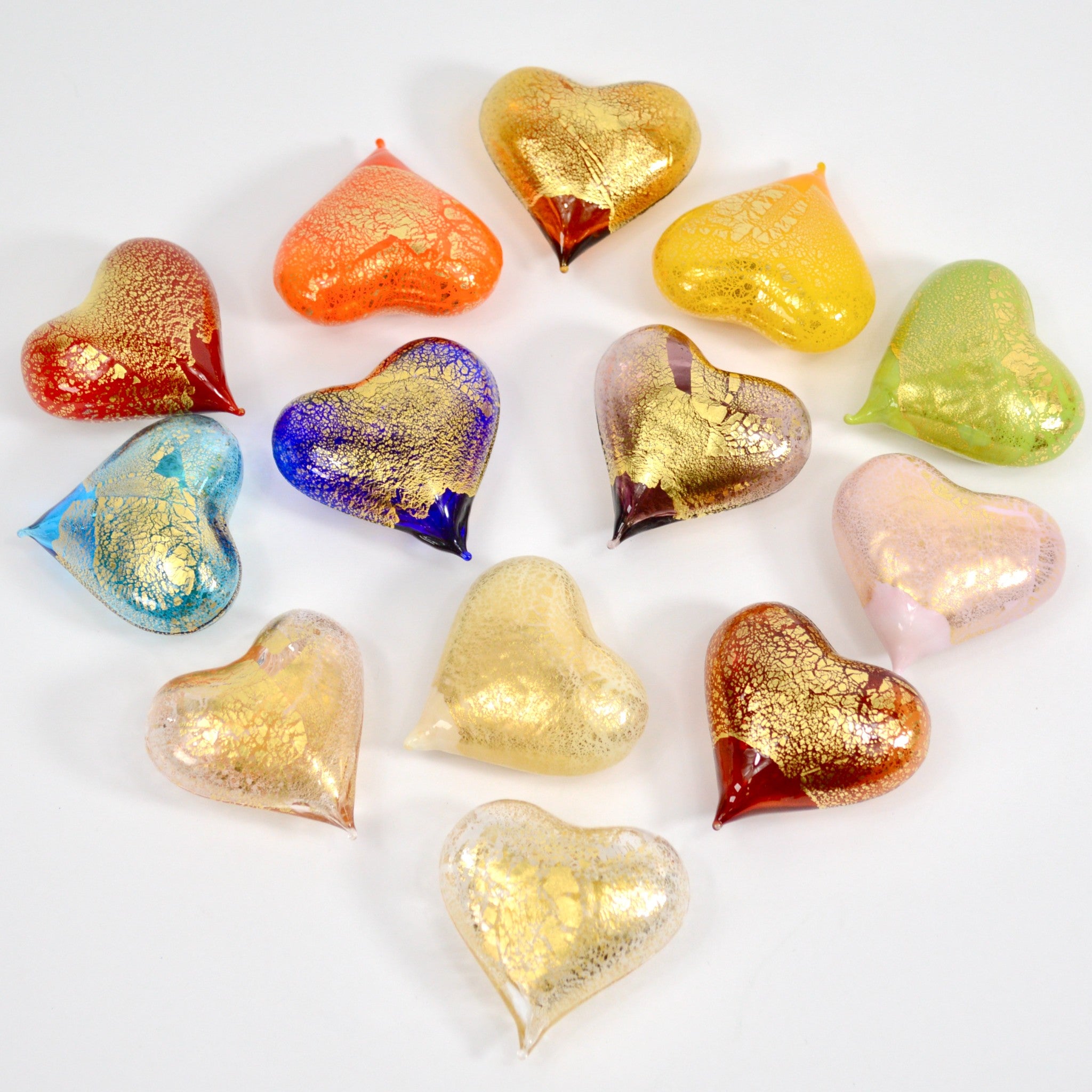 Set of three small Murano glass heart figurines in various colors, handcrafted in Italy by MyItalianDecor.