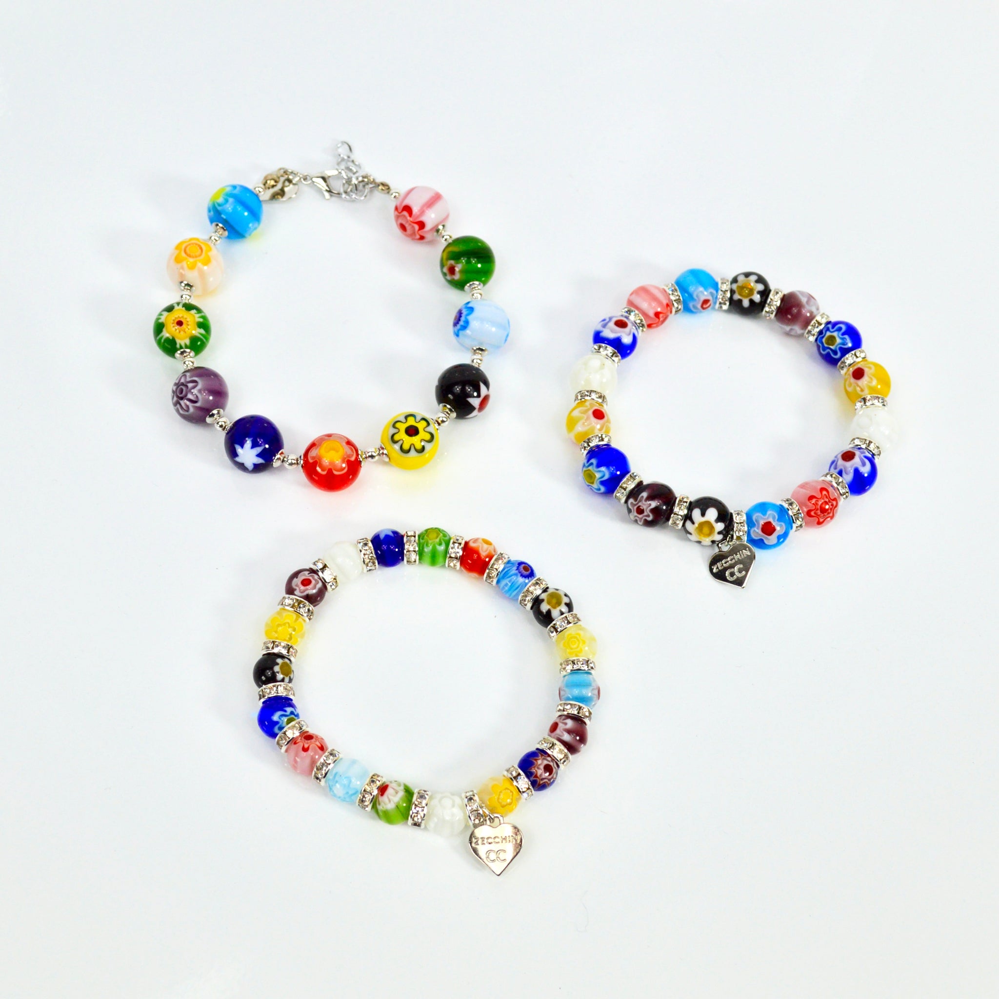 Colorful Murano glass Millefiori bead elastic bracelet from Italy featuring vibrant, handcrafted beads on a stretchy band.