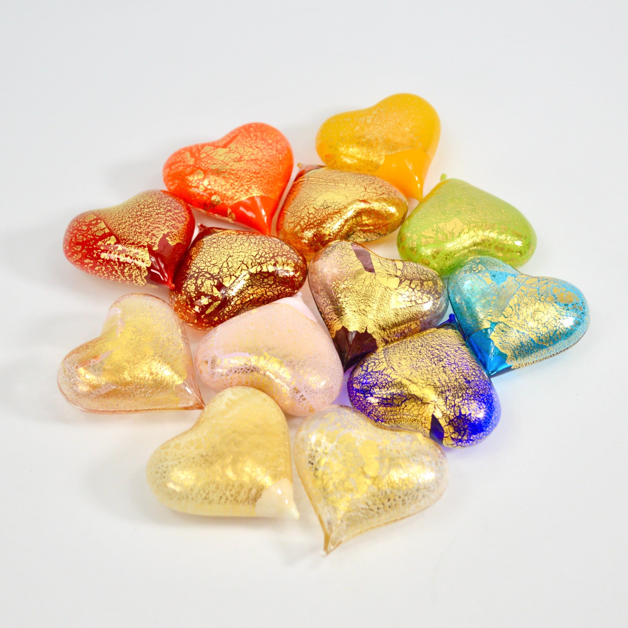 Set of three small Murano glass heart figurines in various colors, handmade in Italy by MyItalianDecor.