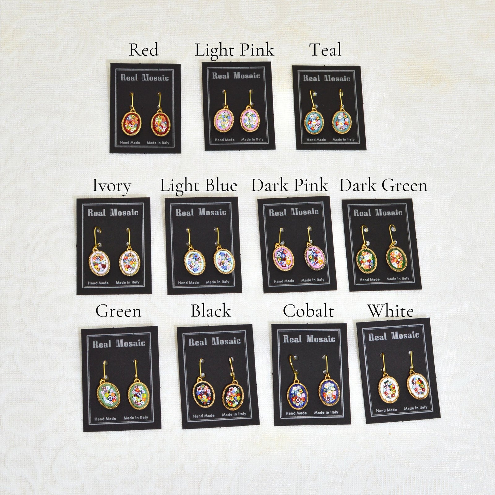 Close-up of large oval Florentine micro mosaic earrings by My Italian Decor, showcasing intricate Italian craftsmanship.