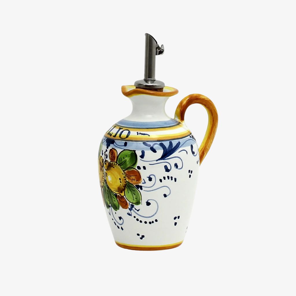 Small Hand Painted Deruta Ceramic Olive Oil Dispenser, Positano Limoni Design