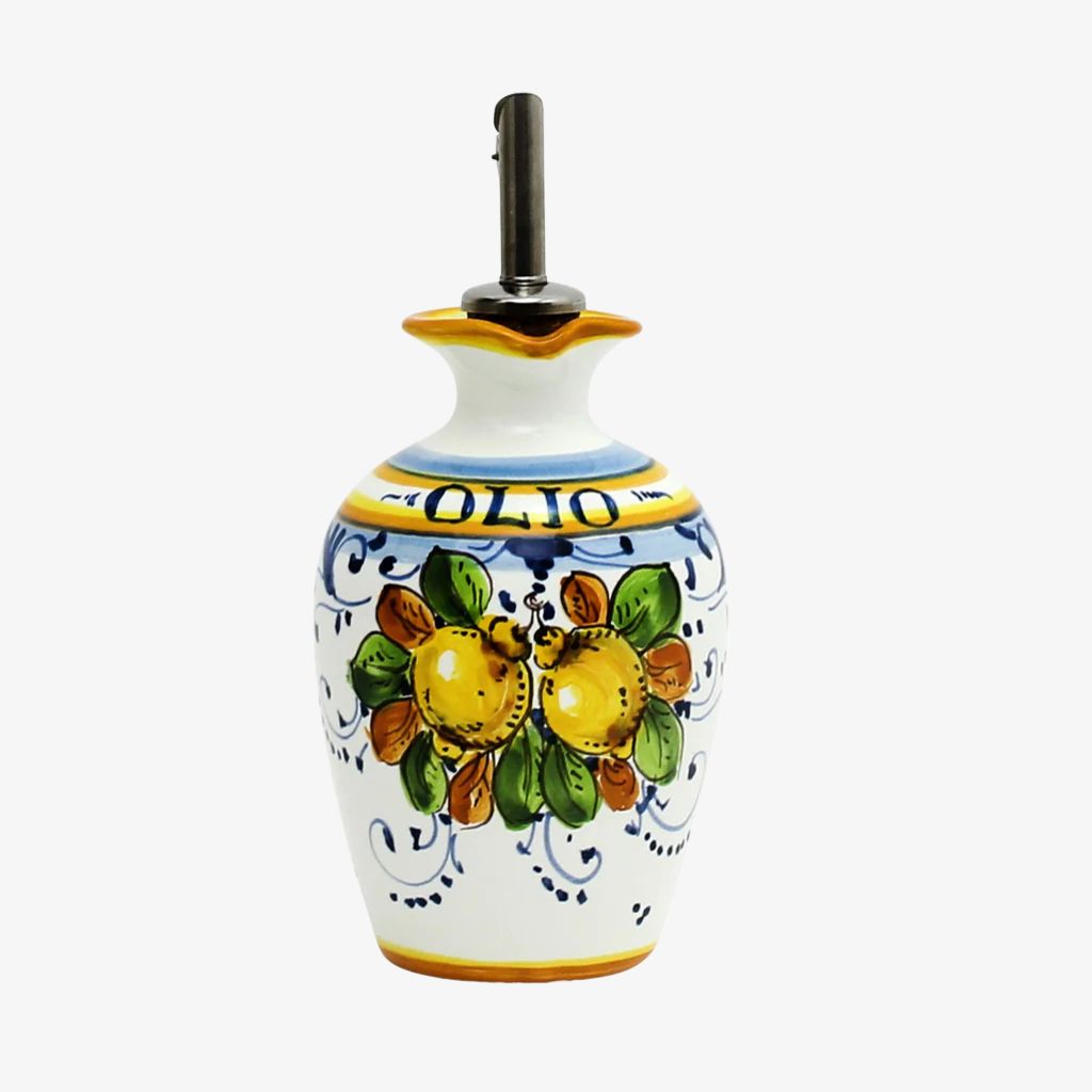 Small Hand Painted Deruta Ceramic Olive Oil Dispenser, Positano Limoni Design