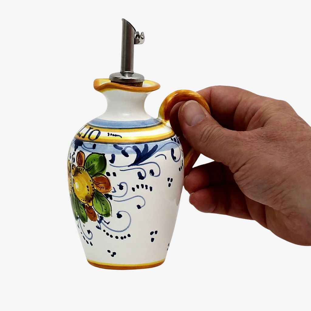 Small Hand Painted Deruta Ceramic Olive Oil Dispenser, Positano Limoni Design