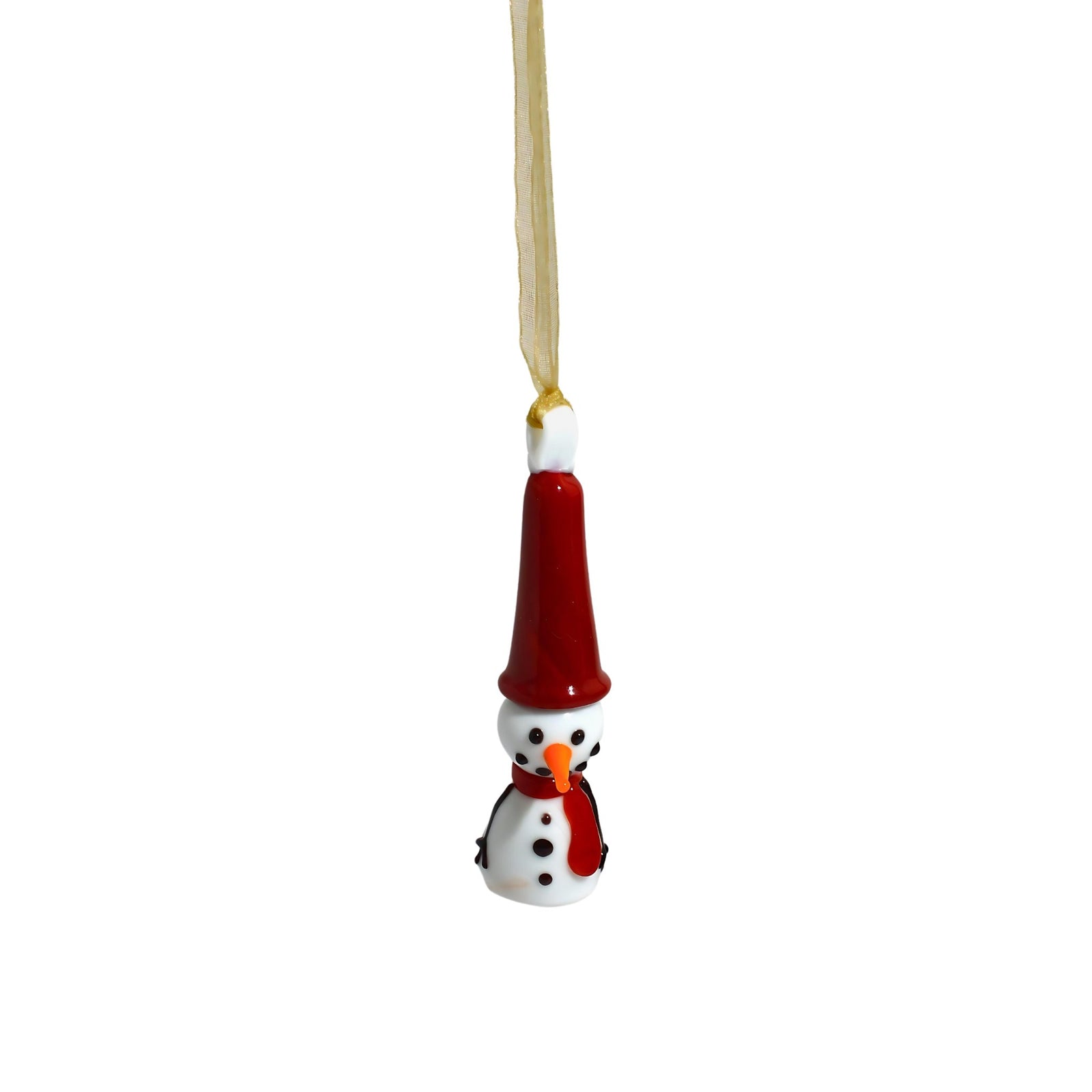 Set of 2 Murano glass snowmen figurines with holiday ornament design, featuring intricate details and a festive winter scene.