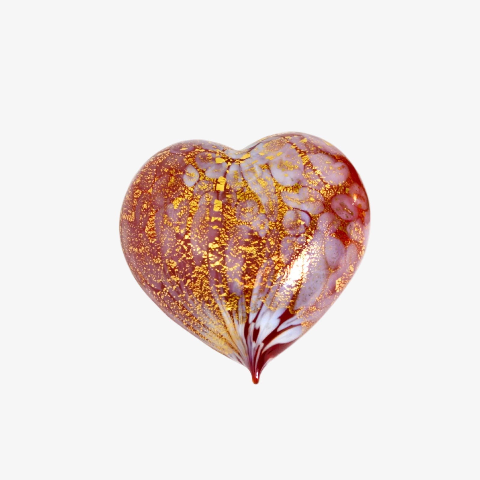 Murano blown glass heart figurine with macchia design, adorned with 24 kt gold patina, surrounded by tulips.