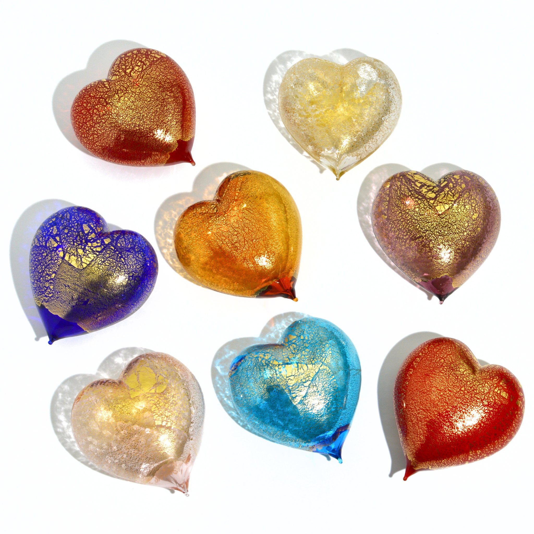 Colorful Murano Glass Heart figurine with 24 karat gold accents, handcrafted in Italy, available in various vibrant shades.