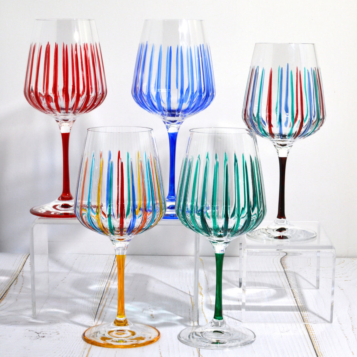 Hand Painted Italian Crystal Spritz Stemware Glass, Set of 2, Made in Italy