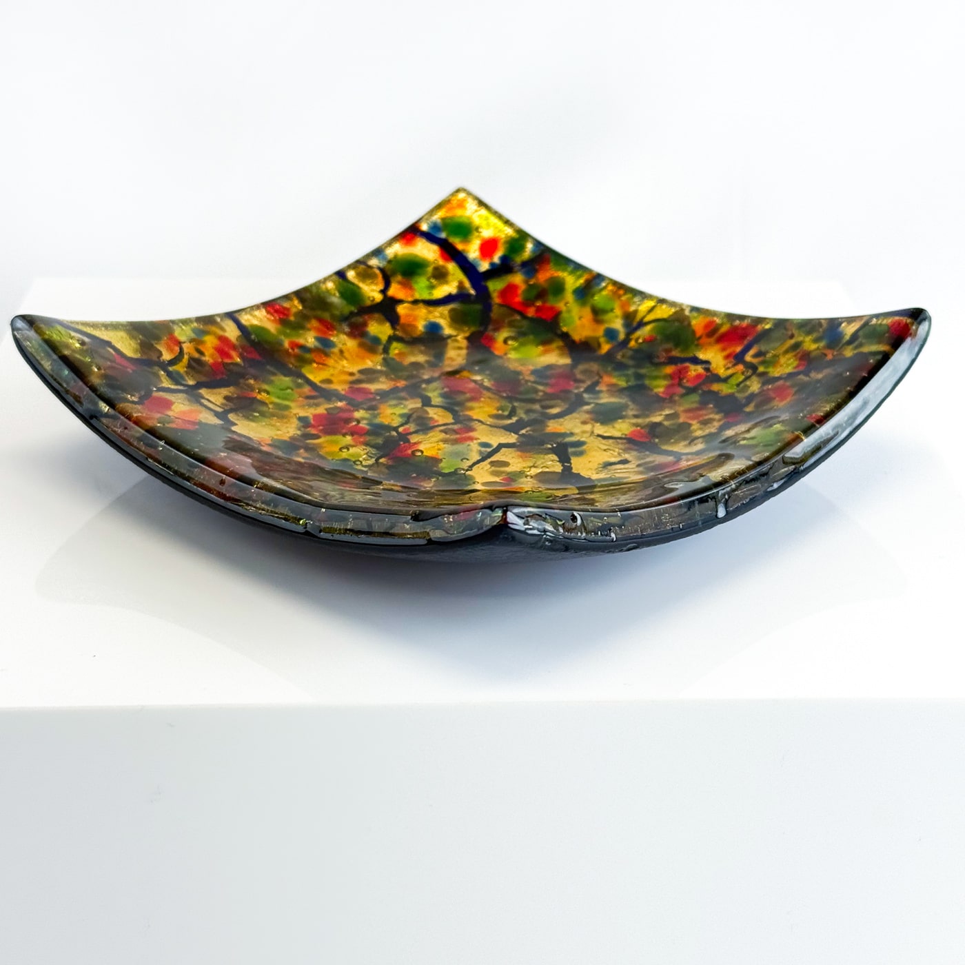 Square decorative dish made of multicolor Murano glass, an elegant art glass tray for stylish home decor.