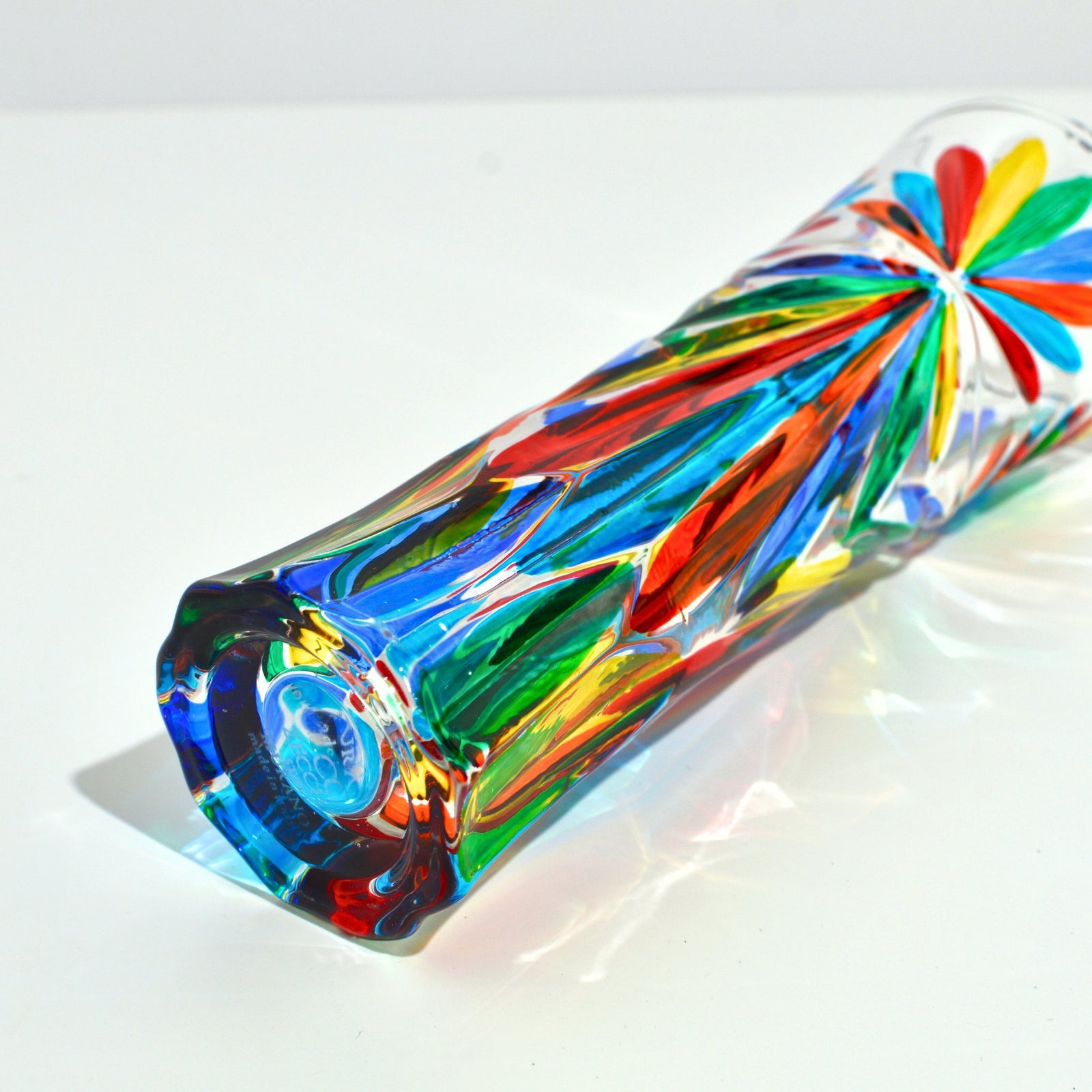 Hand-painted Italian crystal Starburst Bud Vase by DZ, showcasing intricate design and clear glass craftsmanship.
