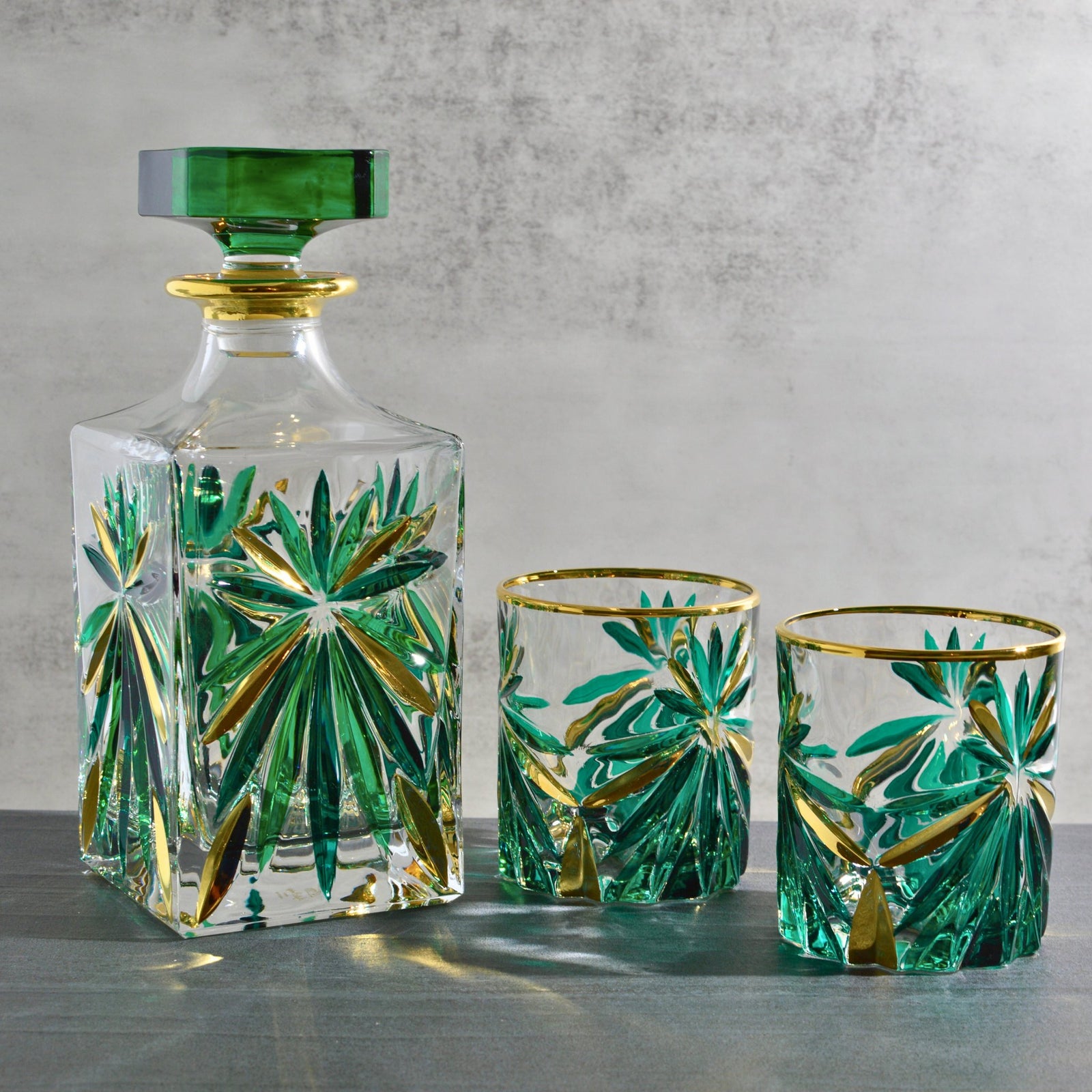 Starburst Green and Gold Italian Crystal Drink Glasses/Decanter - My Italian Decor