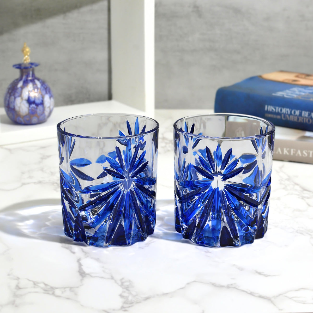 Starburst Short Drink Glasses, Hand-Painted Italian Crystal, Sapphire Blue