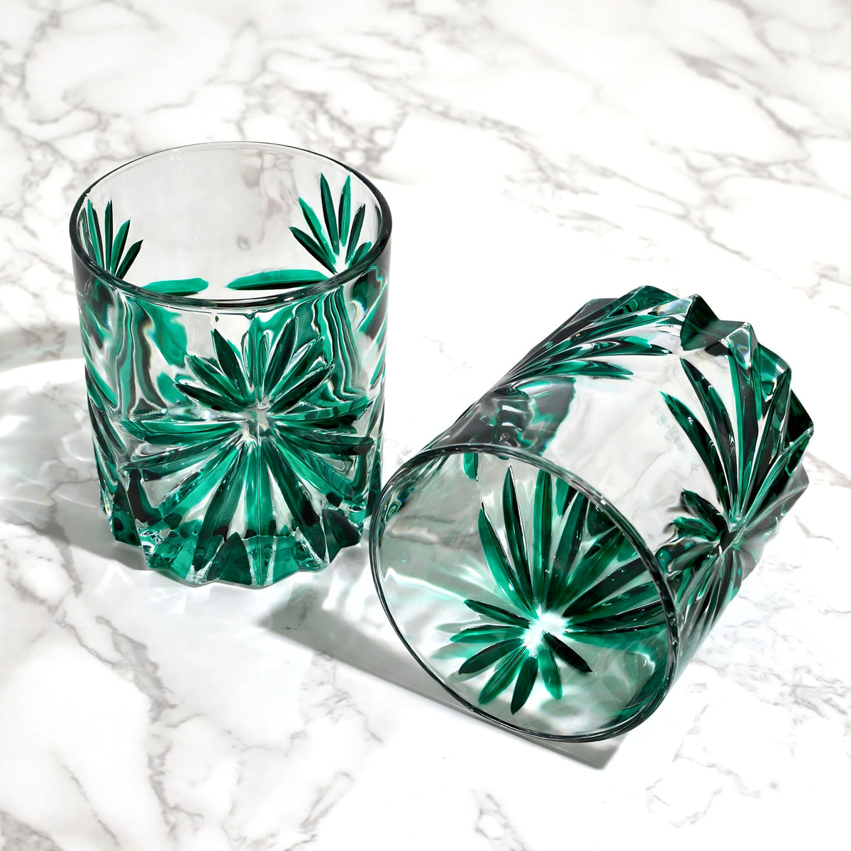 Starburst Short Drink Glasses, Hand-Painted Italian Crystal, Emerald Green