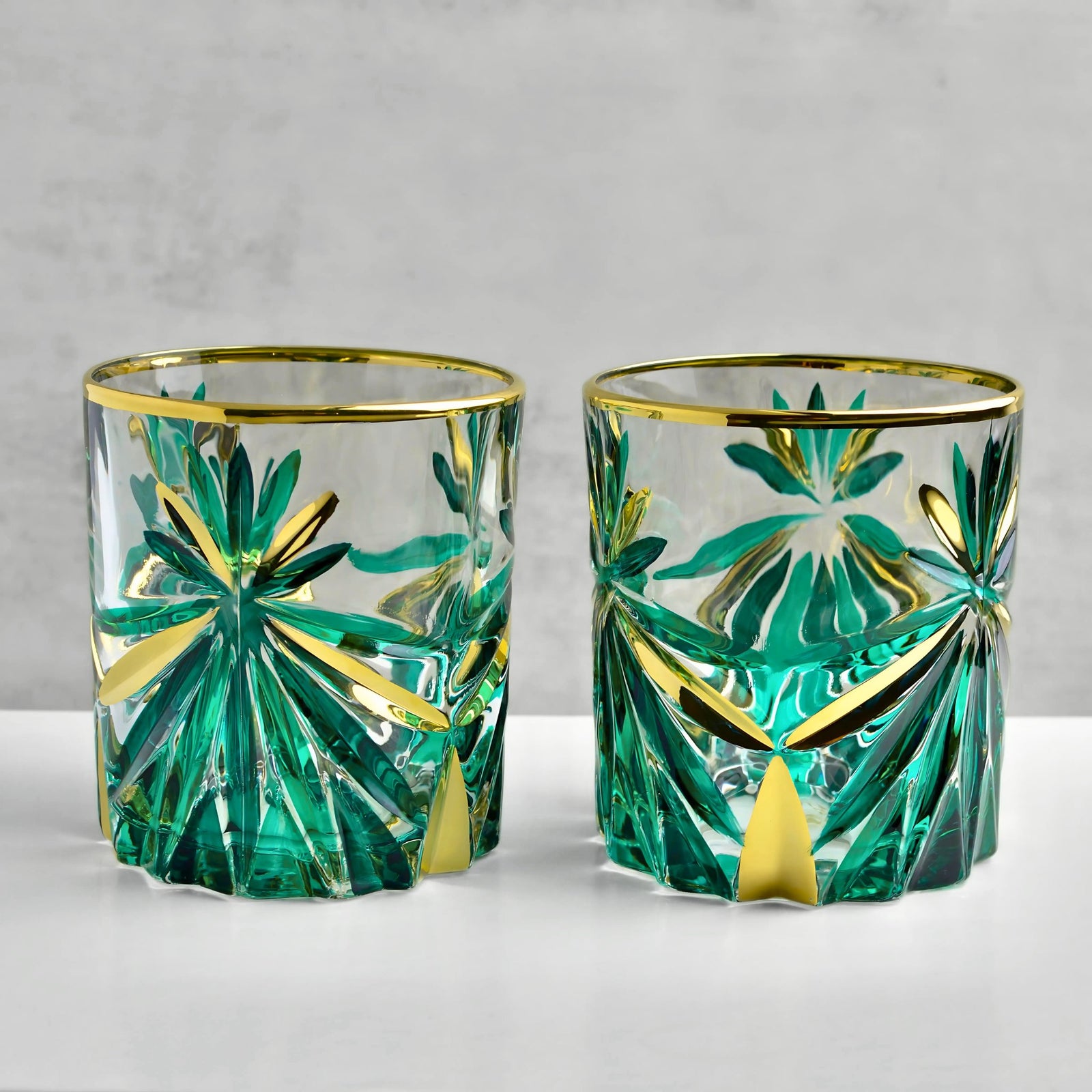 Starburst Green and Gold Italian Crystal Drink Glasses/Decanter - My Italian Decor