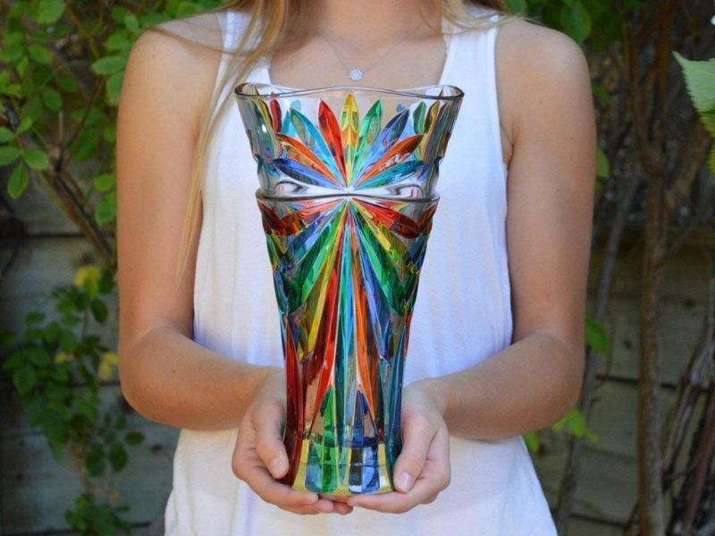 Woman holds Italian Crystal Vase in Starburst pattern