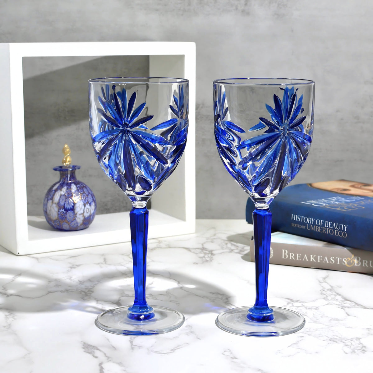 Starburst Wine Glasses, Hand-Painted Italian Crystal Goblets, Sapphire Blue