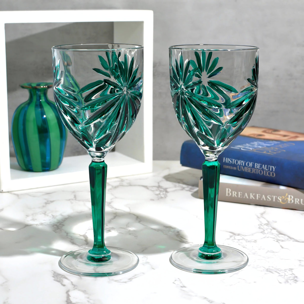 Starburst Wine Glasses, Hand-Painted Italian Crystal Goblets, Emerald Green