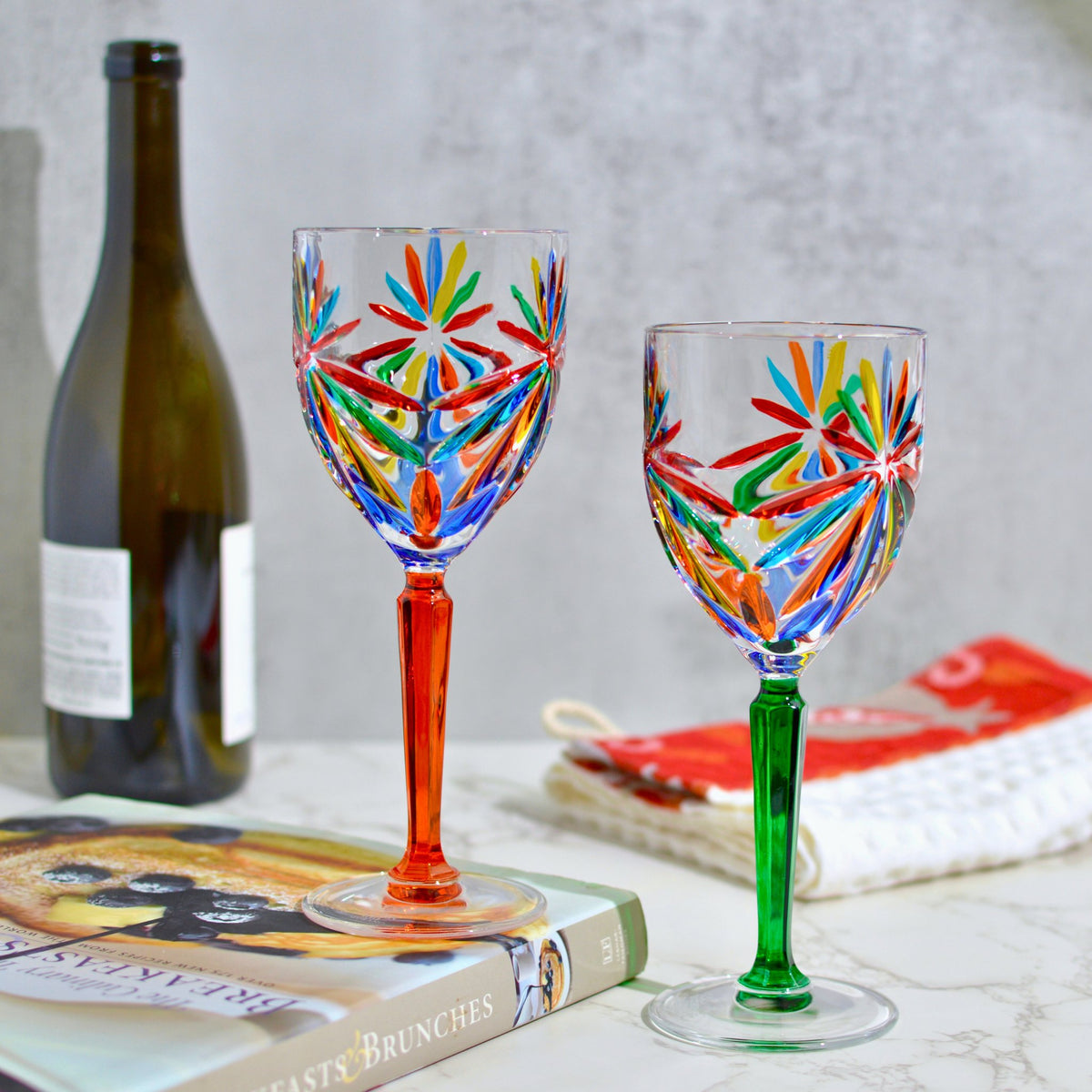 Starburst Wine Glasses, Hand-Painted Italian Crystal Goblets, Set of 2 - My Italian Decor