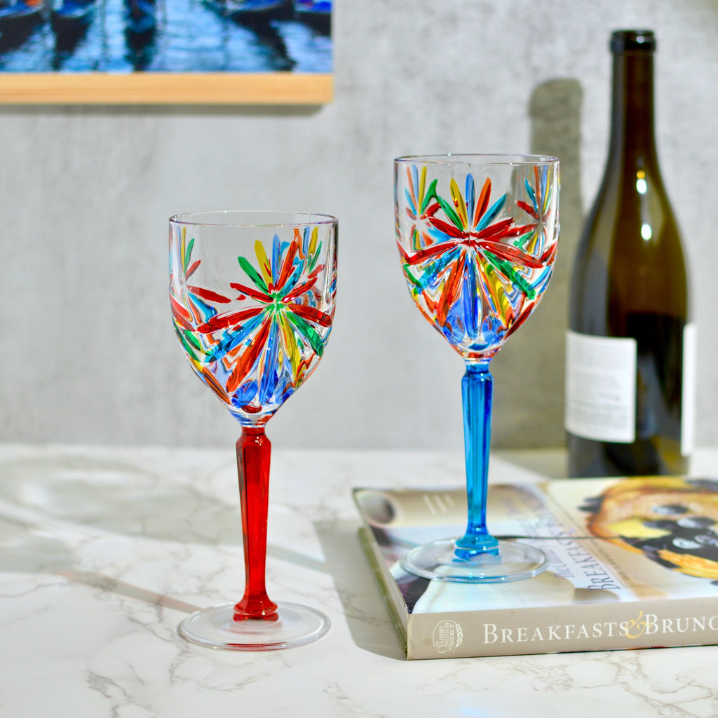 Starburst Wine Glasses, Hand-Painted Italian Crystal Goblets, Set of 2